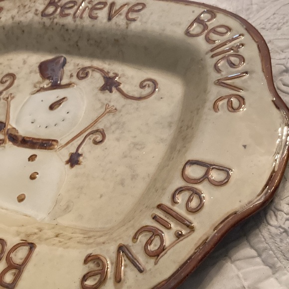 Bella Casa by Ganz ceramic neutral beige tan snowman Christmas platter. Believe - Picture 4 of 9